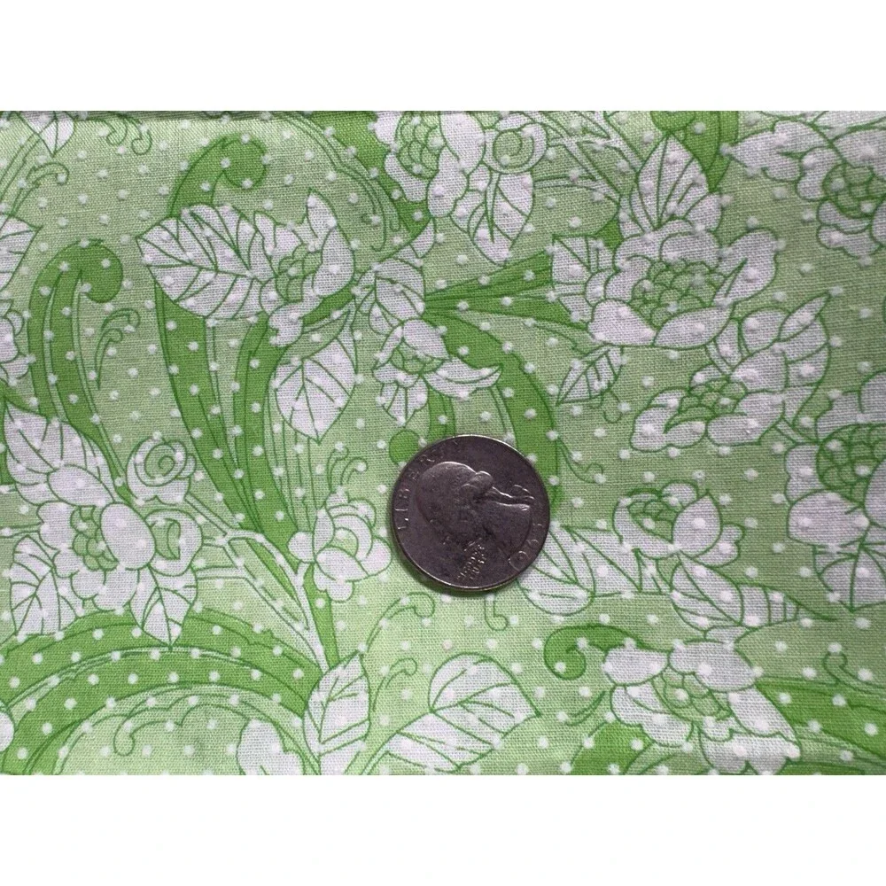Vintage Green White Flocked Swiss Dot Floral Fabric Pinafore Dress 44” X 128”